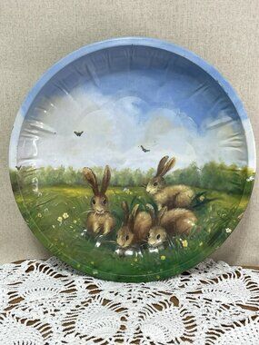 Vintage Easter Tin Metal Round Dish Bunny Chick Butterflies Springtime 10 Inch